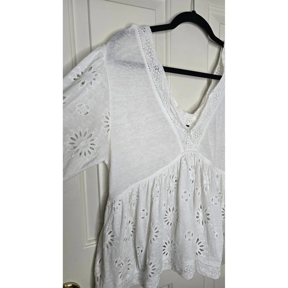 Free People White Eyelet Lace Babydoll Peplum Top Women's Large Boho Cottagecore